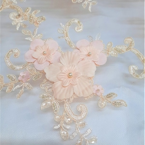 3D Flower -Beaded Powder Pink Lace Fabric | Embroidered Floral Mesh for Engagement, Bridesmaid & Evening Dresses, Girls Skirts