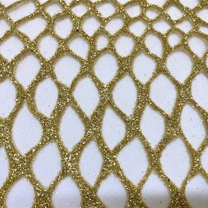 Gold Tulle Fabric, Tulle with Mesh Pattern.Flocking and Intense Gold Glitter Printed Tulle by the yard.Graduation,Evening,Wedding Dress.