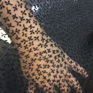 Black Flocked Floral Tulle Fabric: Soft Velvet Flowers, 57&quot; Wide