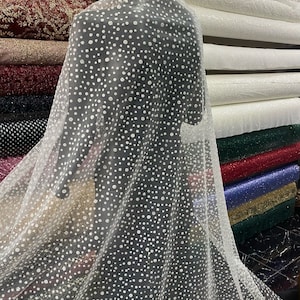 Embossed Glitter Dot Off-White Tulle Fabric. By the Yard.Wedding Dress,Graduation,Engagement,Prom Dress.