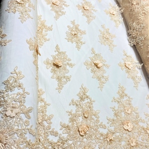 3D Flower Lace Fabric: Salmon Tulle with Sequins, Pearls & Beads