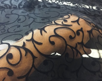 Black Ivy Tulle Lace Fabric: Velvet Flock Mesh, Dressmaking By The Yard