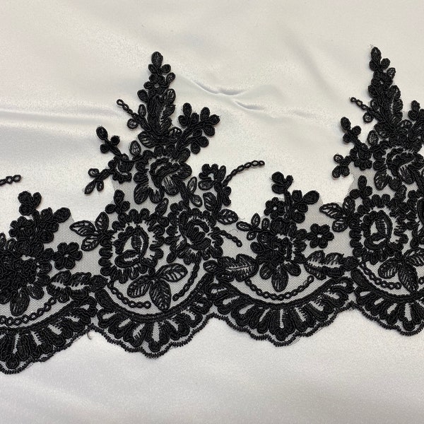 Bordure en dentelle noire noire, bordure en dentelle florale de luxe en tulle avec cordon de serrage pour robe de soirée, dentelle de mariée, bordure en dentelle à broder par 1 paquet (11 mètres)