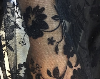 Black Flocked Tulle Fabric: Velvet Flowers, Ball Gown, Evening Dress