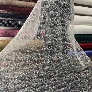 Embossed Starfish Glitter Ivory Tulle. Fluffy Platinium Shiny Bridal Tulle Fabric by the Yard.For Wedding Dress,Prom,Evening Dress.