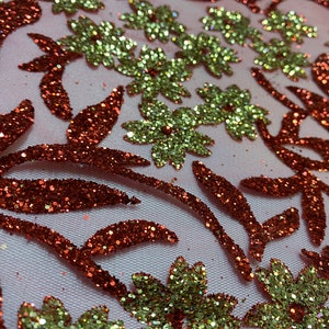 Red and Gold Flower Glitter Tulle Fabric: Hand Printed Lace By The Yard