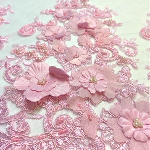 3D Floral Pink Tulle Lace Fabric: Pearl & Sequin Embroidered
