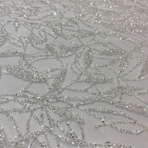 Leaf Glitter Off-White Tulle Fabric,For Wedding Dress,Evening Dress,Prom Gown,Engagement,Bridal Dress Tulle.