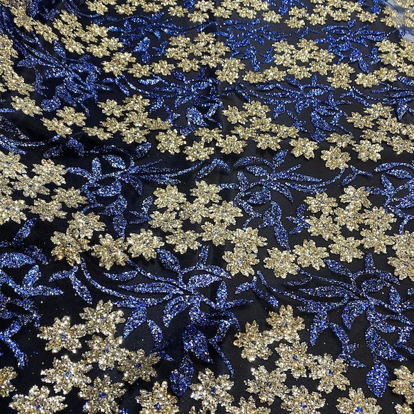 Navy Blue & Gold Glitter Floral Tulle Fabric, Hand Printed Glitter Dark Blue Tulle, Prom Dress,Bridesmaid,Evening Dress Lace by the yard