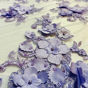 Buy Lavender Flower Beaded Tulle Lace Fabric, Bridal 3D Floral