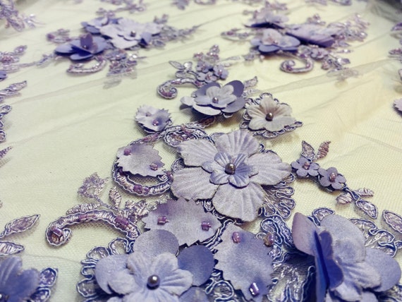 Purple Sequin Fabric - Embroidered 3D Beaded Lace Mesh Fabric