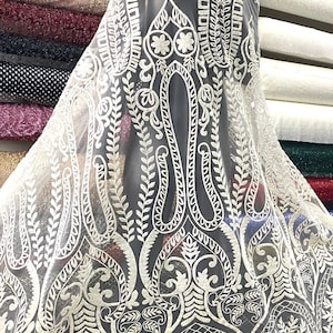Ivory Platinum Glitter Tulle – Embossed Bridal Fabric for Wedding Dress, Veil, Gown, DIY Sewing