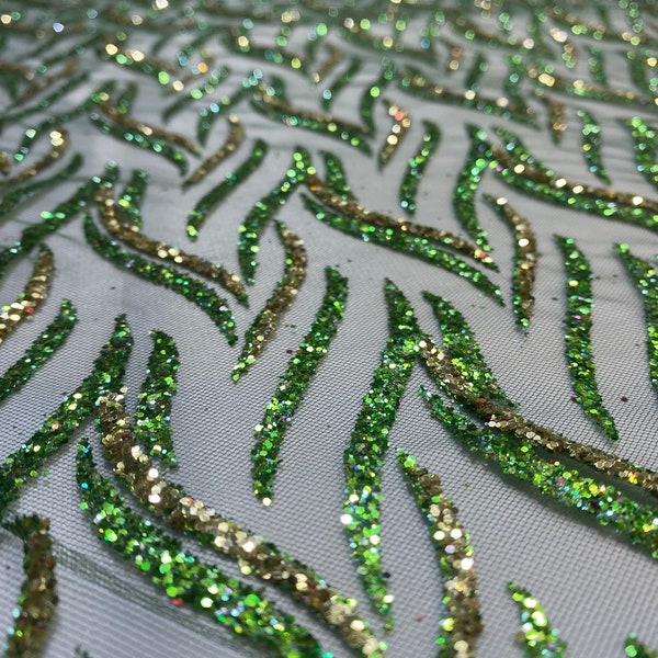 Emerald Green & Gold Glitter Tulle Fabric, Hand Printed Glitter Green Tulle Fabric, Prom Dress,Bridesmaid,Evening Dress