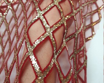 Red Tulle with Golden Square Pattern: Hand Printed Fabric