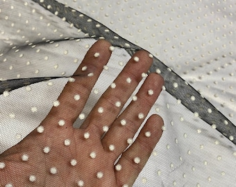 Black Tulle Fabric with White Polka Dot Flocking: 57-59" Wide
