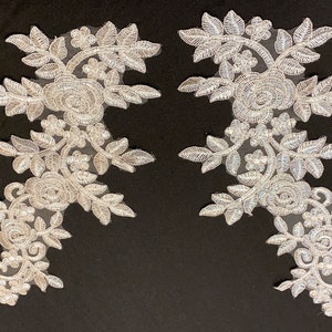 Symmetrical Lace Bridal Appliques - Off- White Floral Embroidery for Dress, Veil, Headpiece - Vintage Style - 2 Pieces