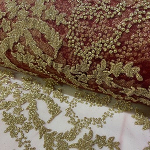Gold Glitter Burgundy Tulle Fabric – Leaf Pattern Mesh by the Yard for Engagement, Graduation, Prom & Evening Dresses – 57&#39;&#39; Wide