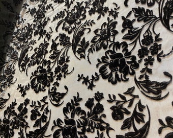 Black Flower Flock Print Tulle Fabric - Costume, Gown, Decor - By The Yard