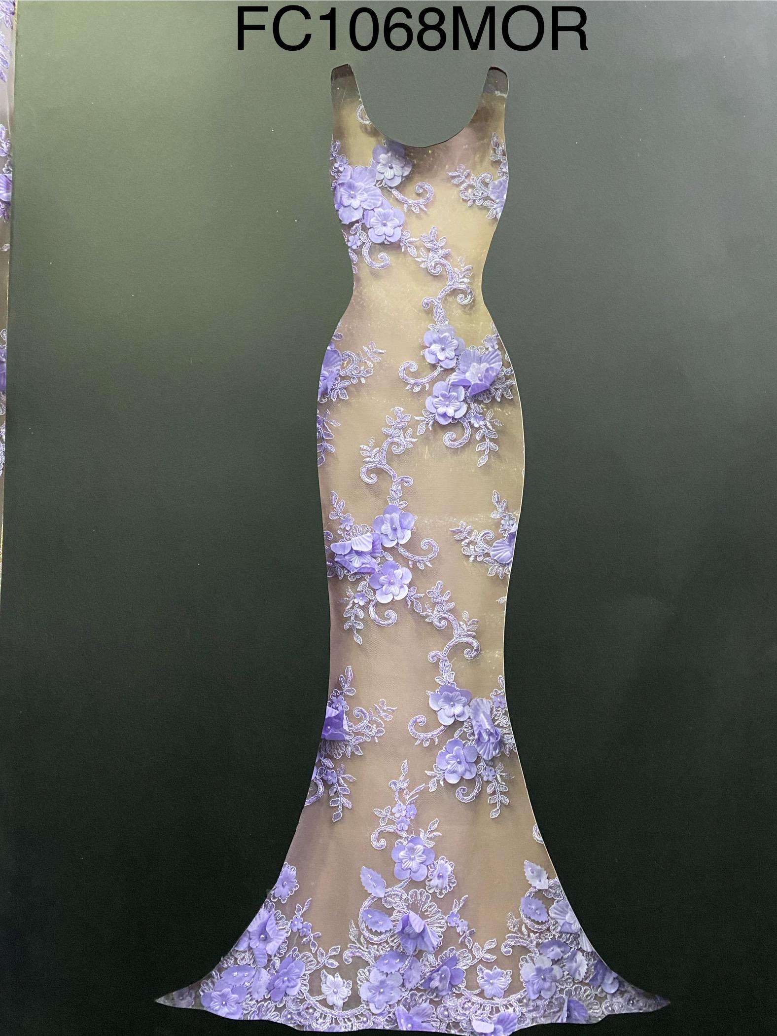 Lavender 3D Floral Lace Fabric: Beaded Tulle, Embroidered Flowers
