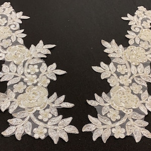 Floral Lace Applique with Pearls | Off White Beaded Symmetrical Ivory Sequin Rose Appliques for Bridal Veil, Dress, Gown – 2 Pieces
