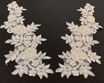 Floral Lace Applique: Ivory Pearl & Sequin Embroidery (2 PIECES)