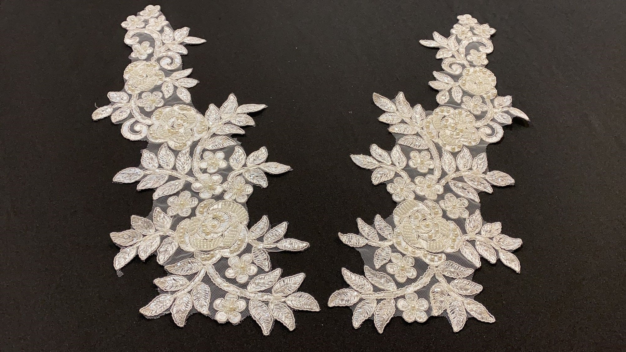 Floral Lace Applique: Ivory Pearl & Sequin Embroidery (2 PIECES)