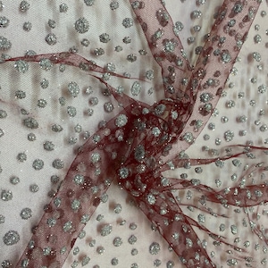 Burgundy Tulle Fabric: White Embossed Silver Glitter Dots