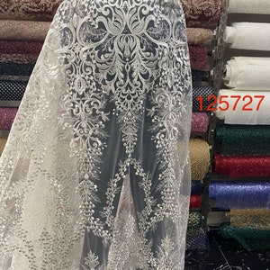 Ivory Sequined Lace Fabric. Wedding Dress, Bridesmaid Dress, Evening Dress, Graduation Dress.
