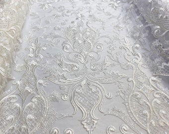 Ivory Sequined Tulle Fabric – Elegant Glitter Mesh for Wedding Gowns, Veils, Dresses, DIY Sewing, by the Yard.
