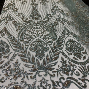 Gold & Aqua Glitter Damask Tulle Fabric: Water Green Sparkle