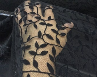 Black Ivy Leaf Tulle Fabric: Prom Dress Costume Material - Sold by Yard