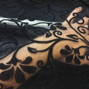 Black Flower Flocking Tulle Fabric.Black Ivy Lace Fabric.Tulle by the yard. Ball Dress,Engagement,Wedding,Evening,Graduation Dress,