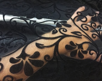Black Flower Flocking Tulle Fabric.Black Ivy Lace Fabric.Tulle by the yard. Ball Dress,Engagement,Wedding,Evening,Graduation Dress,