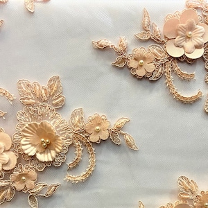 Salmon Tulle Lace Fabric: 3D Flowers and Pearls, Bridal Dress Fabric