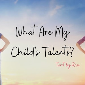 May include: Two children dressed as superheroes stand back to back with their hands on their hips, looking up at the sky. The text "What Are My Child's Talents?" is written in black cursive font on a light blue sky background. The text "Tarot by Rose" is written in pink cursive font below the question.