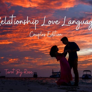 May include: Silhouette of a couple dancing on a beach at sunset with the text "Relationship Love Language Couples Edition" and "Tarot By Rose" in pink.