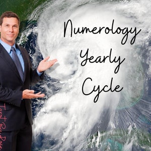 May include: A man in a suit stands in front of a satellite image of a hurricane. The words "Numerology Yearly Cycle" are written on the image.