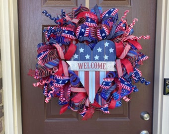 Patriotic Welcome front door Wreath Deco Mesh 4th of July, Veterans Day, Memorial Day, Independence Day Decor, Red White and Blue Home Decor