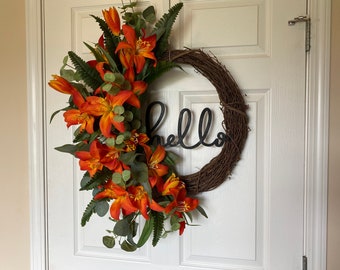 Grapevine Wreath with Vibrant Orange Lilies & Hello Sign - Versatile Spring, Summer, Fall or Everyday Decor for Front Door or Indoor Use