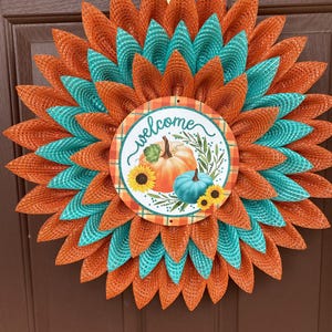Teal Pumpkin Fall Wreath, Allergy Friendly Halloween Decor, Orange and Teal Mesh Door Wreath, Thanksgiving Welcome Porch Decoration