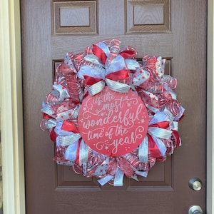 Red and White Christmas Wreath, It’s the Most Wonderful Time of the Year Wreath, Holiday Door Decor, Winter Wonderland Wreath, Ready to Ship