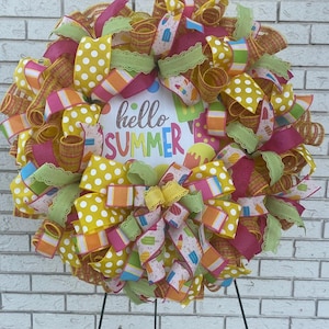 Hello Summer Wreath, Bright Summer Door Decor, Ice Cream Popsicle Wreath, Colorful Deco Mesh Wreath, Front Door Summer Wreath