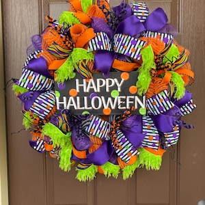 Halloween Wreath for Front Door, Happy Halloween Mesh Wreath with Purple Orange Green Ribbons, Spooky Holiday Home Porch Wall Décor