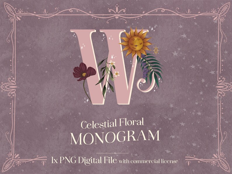 Letter W Celestial Monogram Clip Art PNG Illustration Hand - Etsy