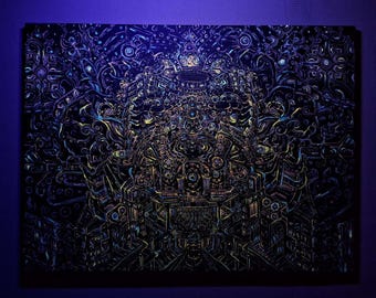 Fluorescent UV Acrylic Painting (80x60cm), Symmetrical Free Flow Blacklight Art, Visionary Abstract Art