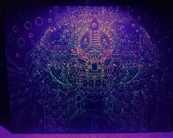 Fluorescent Blacklight Painting (80x60cm), Symmetrical Free-Flow UV Reactive Acrylic Art, Abstract Visionary Art