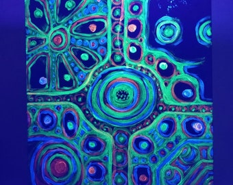 Fluorescent Abstract Painting, Black Light Reactive, 40x50cm