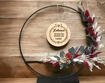Decorative ring/ metal ring with wooden base/ dried flowers/ wooden sign/ home/ sayings/ decoration