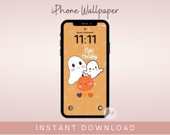 Lindo fondo de pantalla de iPhone con fantasmas de Halloween, fondo de pantalla estético de otoño para iPhone, lindo y espeluznante fondo de pantalla para teléfono, fondo de pantalla de calabaza, descarga digital