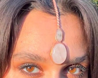 Rose Quartz Bridal Crown Tensor Ring Middle Part Reiki Energy Third Eye Elf Crystal Fairy Tiara Tikka Pakimer